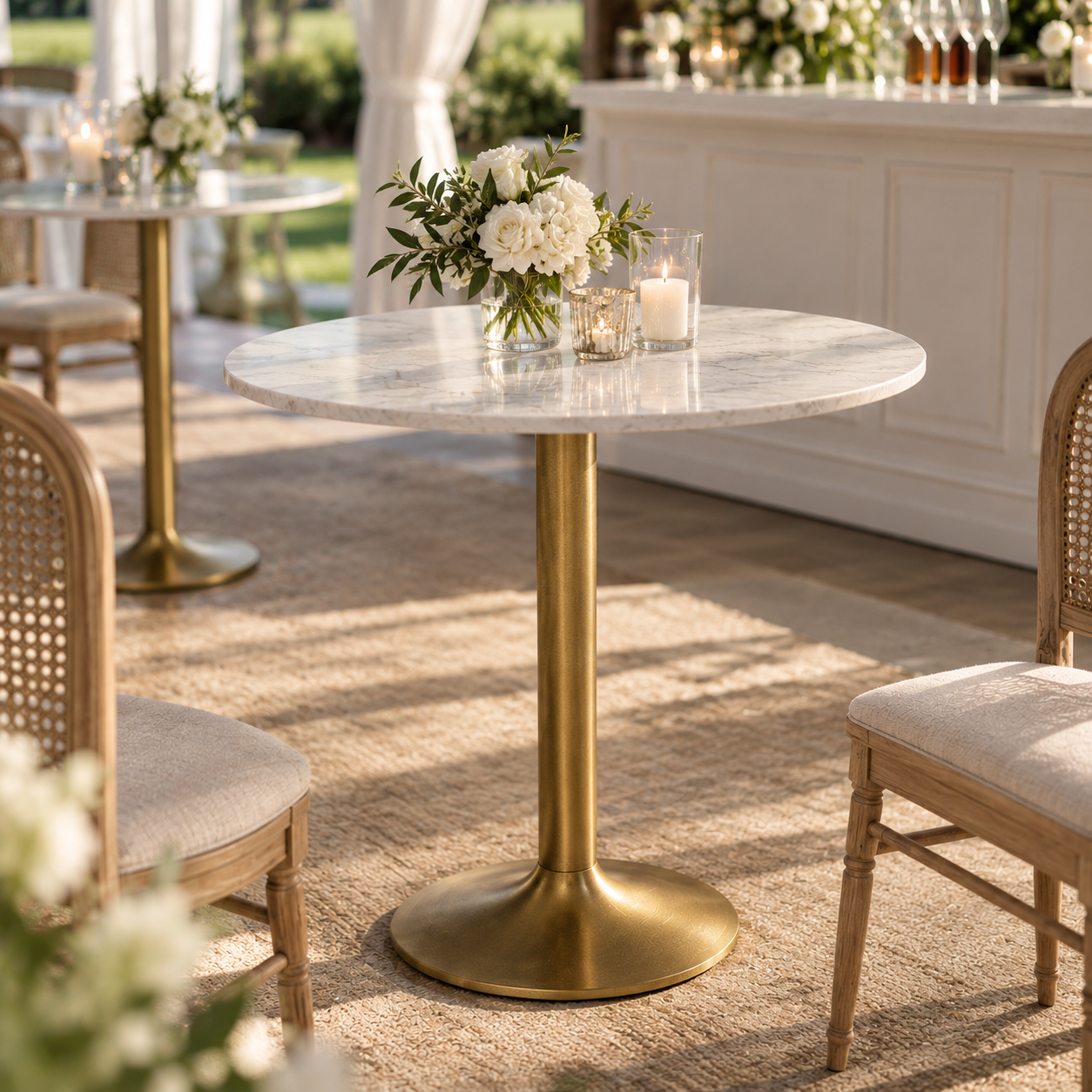 Elegant marble bistro table with white and gold base in a luxury event setting